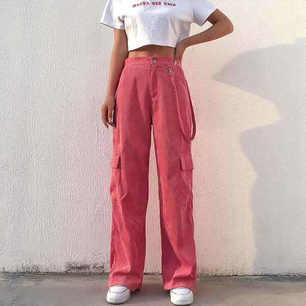 Trendy Y2K Pink Cord Cargo Pants for Summer Grunge and Retro Outfits