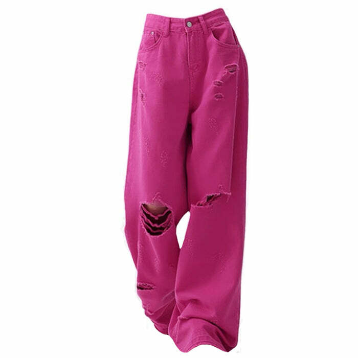 Trendy Y2K Pink Star Ripped Baggy Jeans for a Retro Summer Vibe