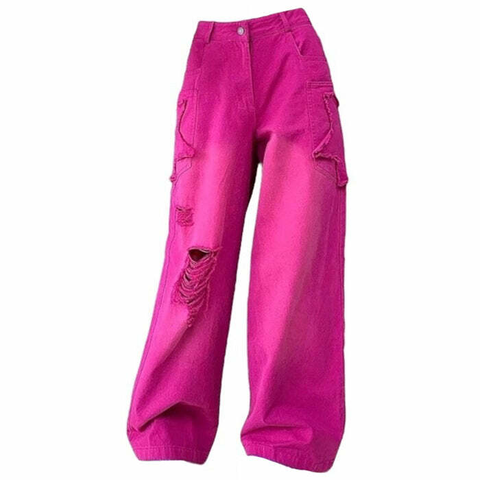 Trendy Y2K Pink Star Ripped Baggy Jeans for a Retro Summer Vibe