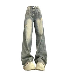 Vintage Fade Distressed Wide-Leg Jeans for Y2K Grunge Summer Outfits