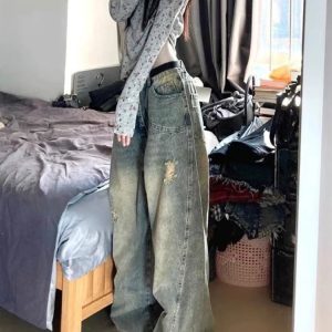 Vintage Fade Distressed Wide-Leg Jeans for Y2K Grunge Summer Outfits