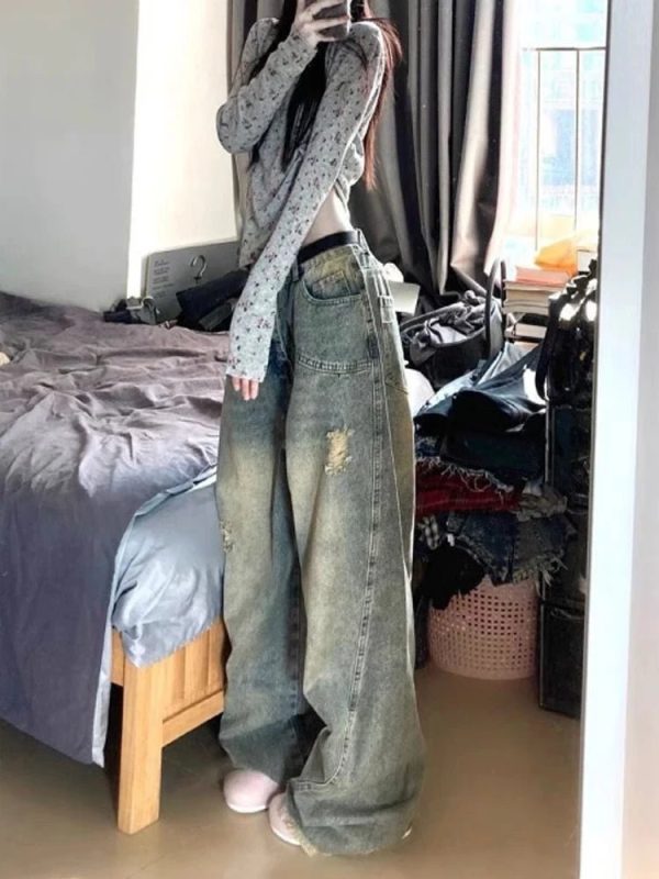 Vintage Fade Distressed Wide-Leg Jeans for Y2K Grunge Summer Outfits