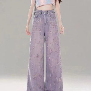 Vintage Lilac Distressed Wide-Leg Jeans - Y2K Grunge Summer Outfit