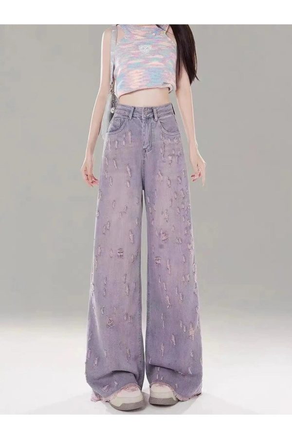 Vintage Lilac Distressed Wide-Leg Jeans - Y2K Grunge Summer Outfit