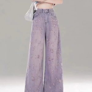 Vintage Lilac Distressed Wide-Leg Jeans - Y2K Grunge Summer Outfit