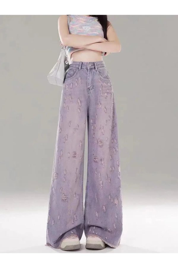 Vintage Lilac Distressed Wide-Leg Jeans - Y2K Grunge Summer Outfit