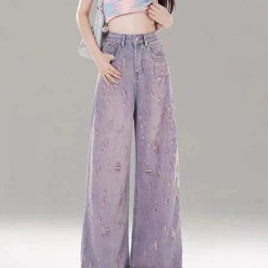 Vintage Lilac Distressed Wide-Leg Jeans - Y2K Grunge Summer Outfit