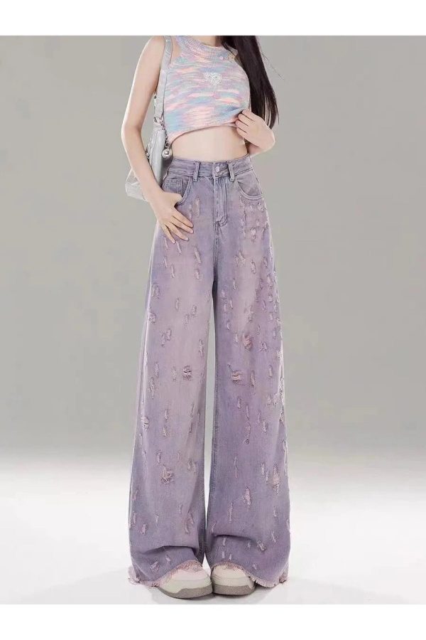 Vintage Lilac Distressed Wide-Leg Jeans - Y2K Grunge Summer Outfit