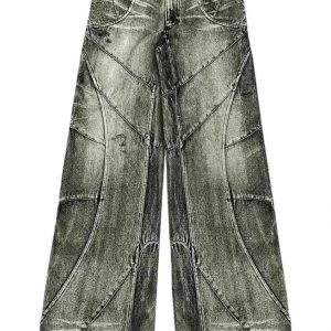 Vintage Washed Patchwork Jeans - Y2K Grunge Style for Effortless Chic