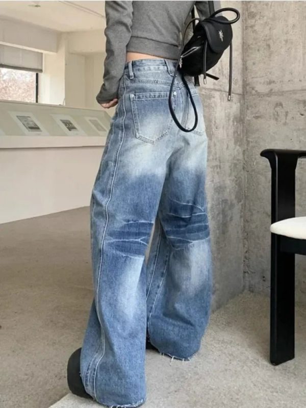 Vintage Washed Wide-Leg Jeans - Y2K Grunge Style for Effortless Chic