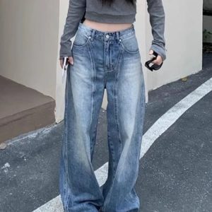 Vintage Washed Wide-Leg Jeans - Y2K Grunge Style for Effortless Chic