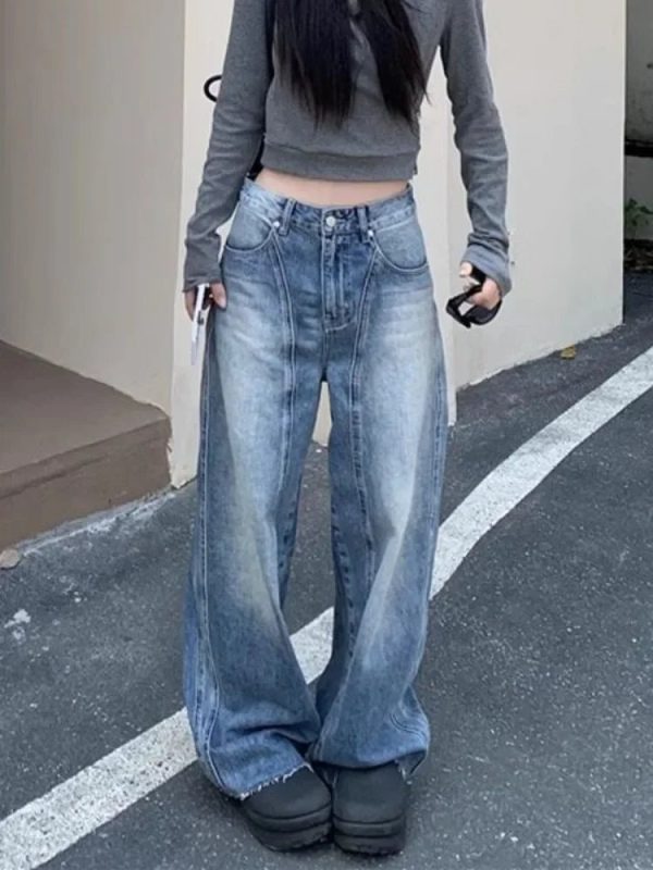 Vintage Washed Wide-Leg Jeans - Y2K Grunge Style for Effortless Chic