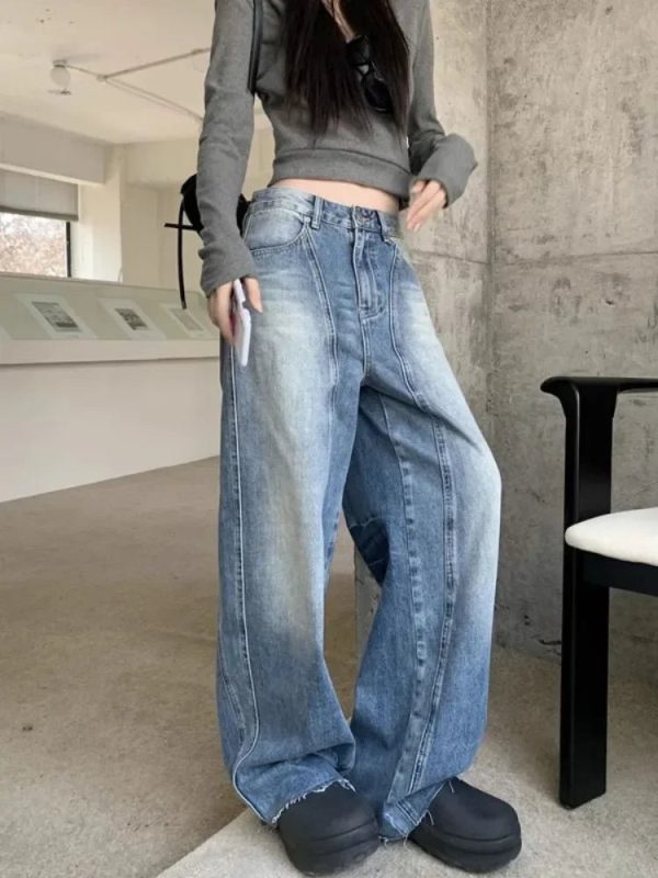 Vintage Washed Wide-Leg Jeans - Y2K Grunge Style for Effortless Chic