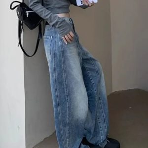 Vintage Washed Wide-Leg Jeans - Y2K Grunge Style for Effortless Chic