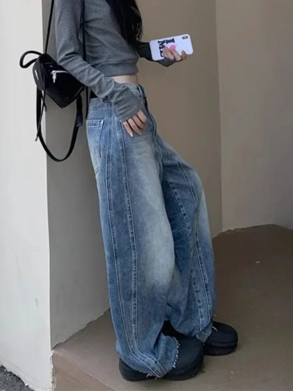 Vintage Washed Wide-Leg Jeans - Y2K Grunge Style for Effortless Chic