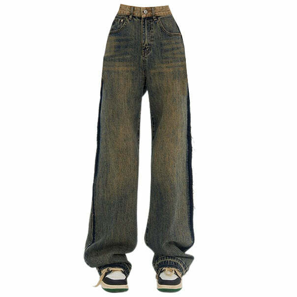 Washed Brown Y2K Jeans with Contrast Pocket for Retro Summer Vibes