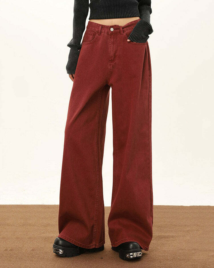 Wine Red Y2K Wide-Leg Jeans for Retro 90s Grunge Summer Outfits