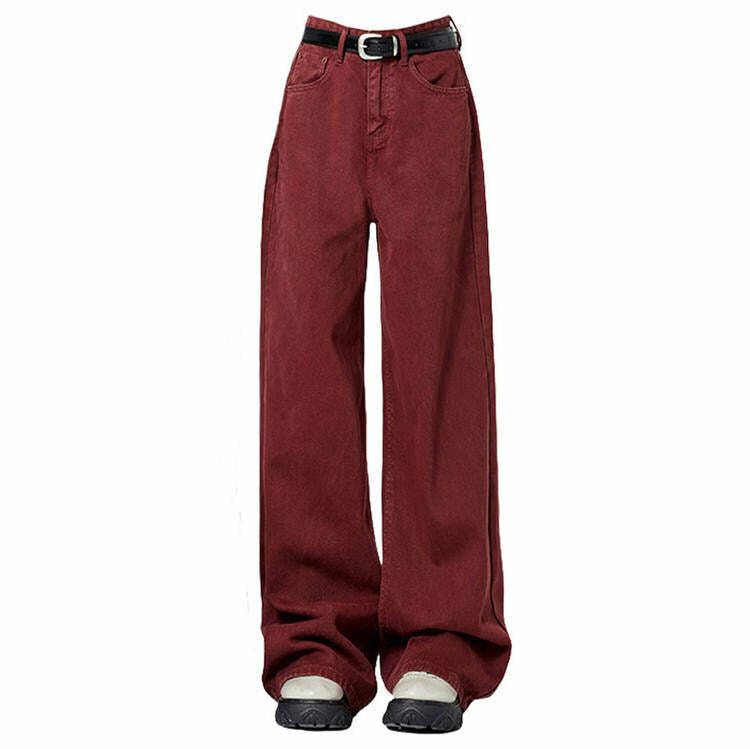 Wine Red Y2K Wide-Leg Jeans for Retro 90s Grunge Summer Outfits