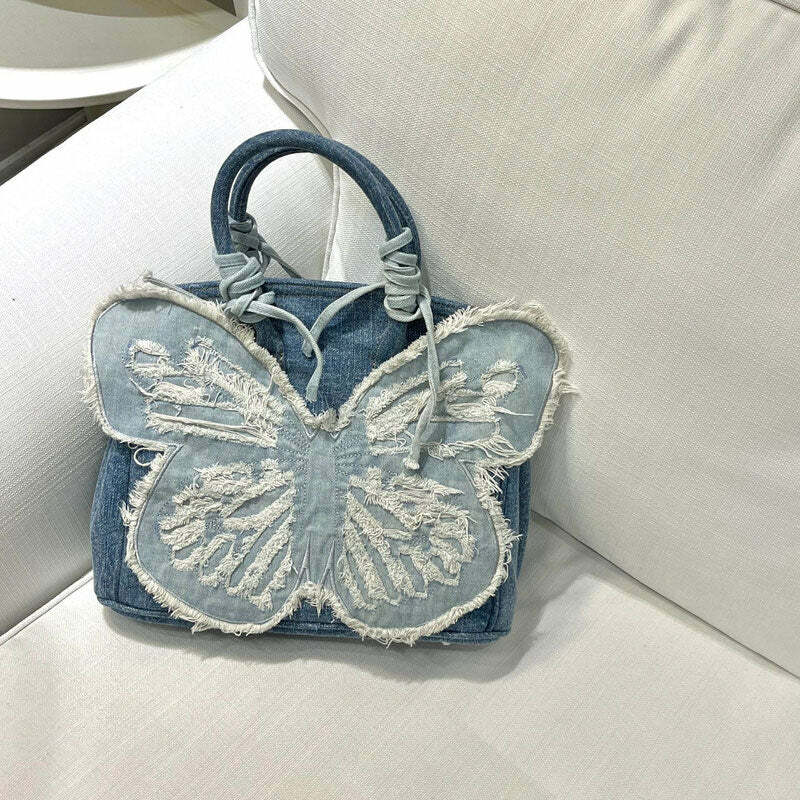 Y2K Aesthetic Denim Butterfly Handbag for Retro Summer Outfits