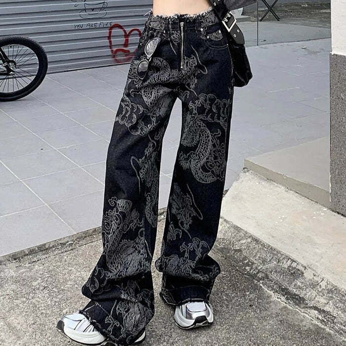 Y2K Aesthetic Japanese Dragon Jeans for Retro Summer Outfits