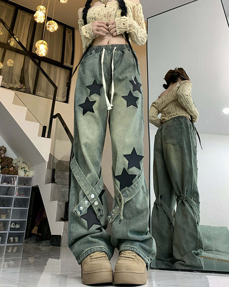 Y2K Aesthetic Star Patch Jeans for Retro Summer Outfits