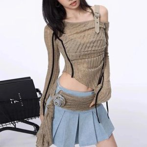 Y2K Asymmetrical Strap Detail Knit Top for Trendy Summer Outfits