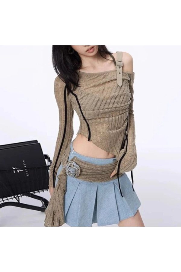 Y2K Asymmetrical Strap Detail Knit Top for Trendy Summer Outfits