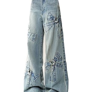 Y2K Bow-Accent Wide-Leg Jeans for Retro Summer Outfits and Grunge Style