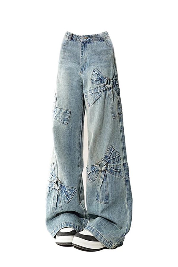 Y2K Bow-Accent Wide-Leg Jeans for Retro Summer Outfits and Grunge Style