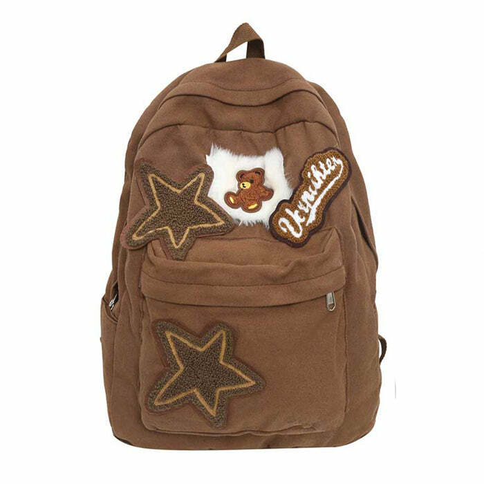 Y2K Brown Bear Star Backpack: Retro 90s Grunge Style for Summer Outfits