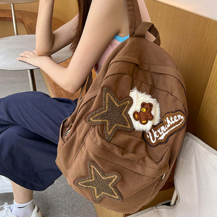 Y2K Brown Bear Star Backpack: Retro 90s Grunge Style for Summer Outfits