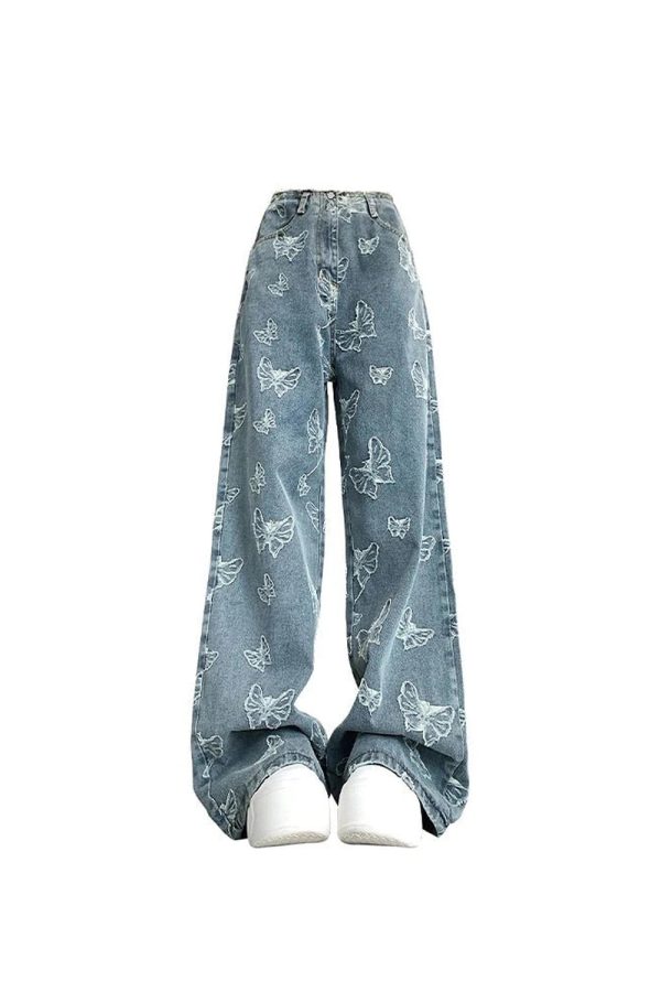 Y2K Butterfly Dream Wide-Leg Jeans: Retro Grunge Summer Outfit