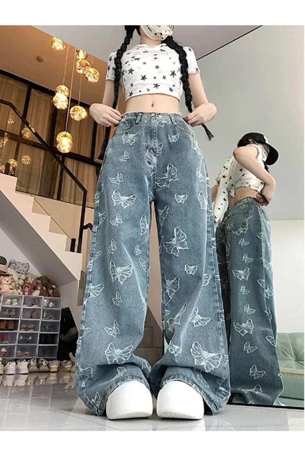 Y2K Butterfly Dream Wide-Leg Jeans: Retro Grunge Summer Outfit