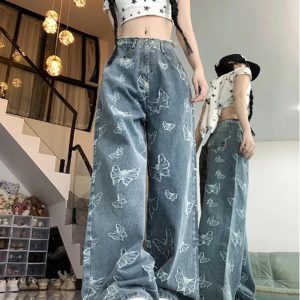 Y2K Butterfly Dream Wide-Leg Jeans: Retro Grunge Summer Outfit