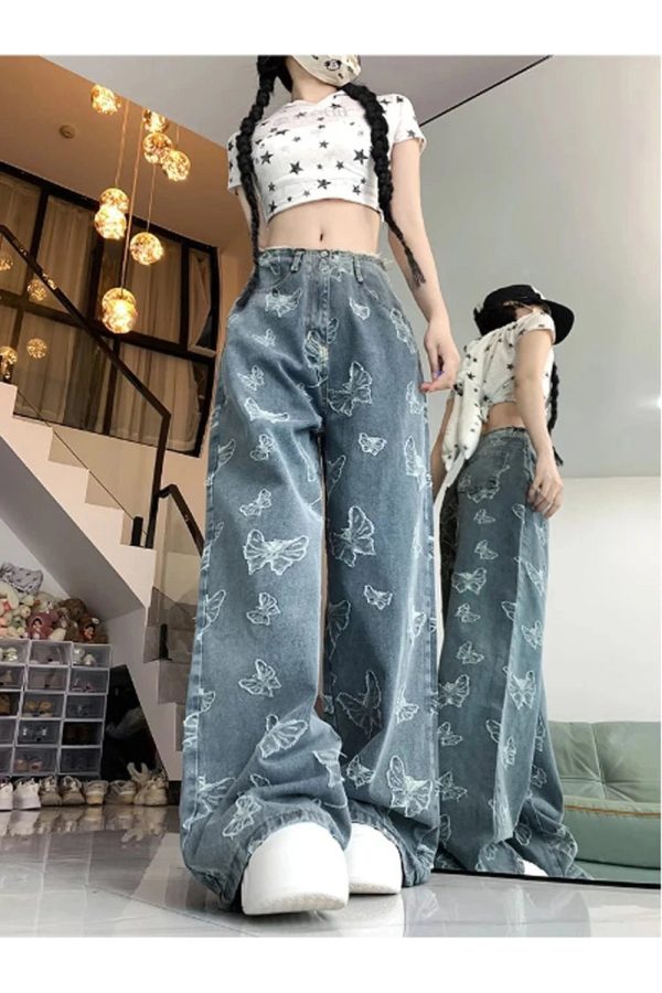 Y2K Butterfly Dream Wide-Leg Jeans: Retro Grunge Summer Outfit