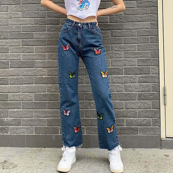 Y2K Butterfly Embroidery Jeans for Retro Summer Outfits and Grunge Style