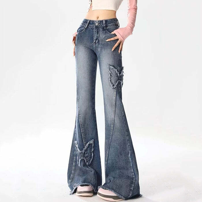 Y2K Butterfly Flare Jeans: Trendy Y2K Summer Outfit for Retro Vibes