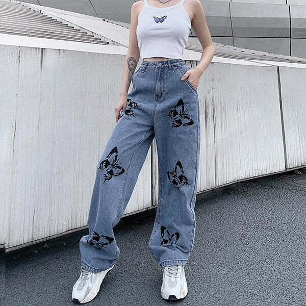 Y2K Butterfly Print Jeans: Trendy Retro Style for Summer Outfits