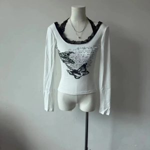 Y2K Butterfly Script Lace-Trim Top for Retro Summer Outfits