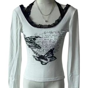 Y2K Butterfly Script Lace-Trim Top for Retro Summer Outfits