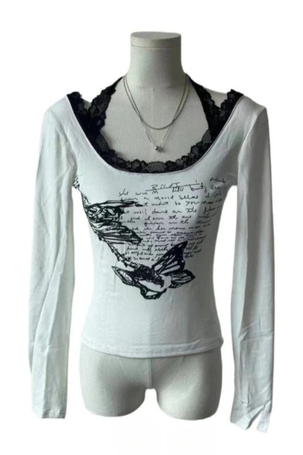 Y2K Butterfly Script Lace-Trim Top for Retro Summer Outfits