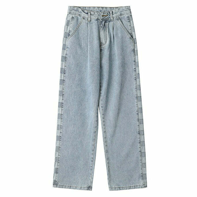 Y2K Checker Print Wide-Leg Jeans for Retro Summer Outfits