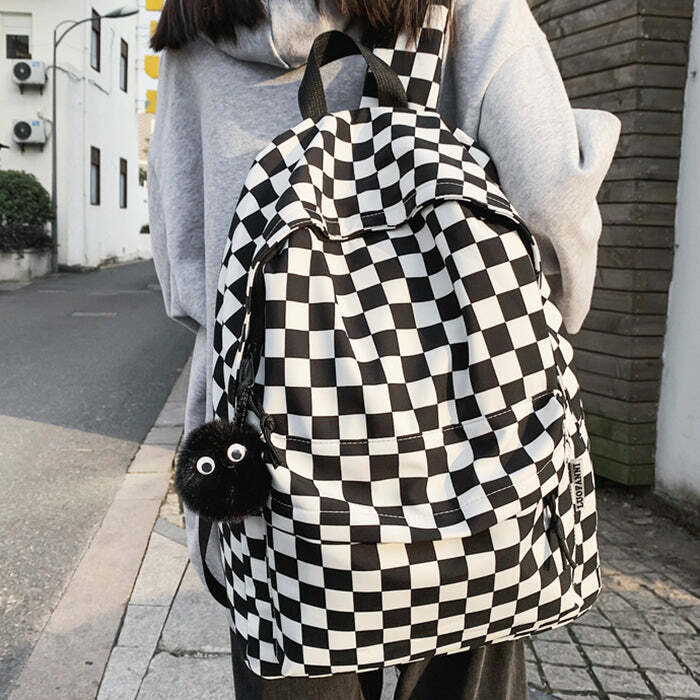 Y2K Checkered Canvas Backpack for Retro Summer Outfits and Grunge Style