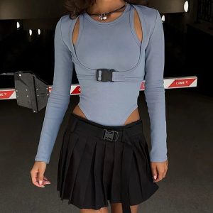 Y2K Cyber Buckle Harness Top - Edgy Grunge Style for Summer Outfits