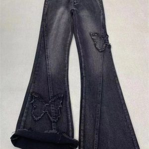 Y2K Dark Butterfly Flare Jeans - Retro Grunge Style for Summer Outfits