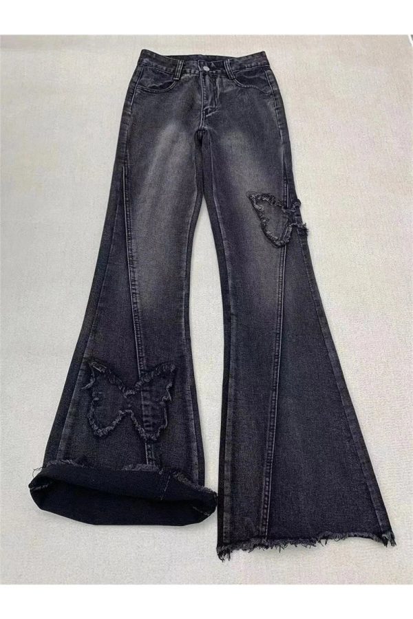 Y2K Dark Butterfly Flare Jeans - Retro Grunge Style for Summer Outfits