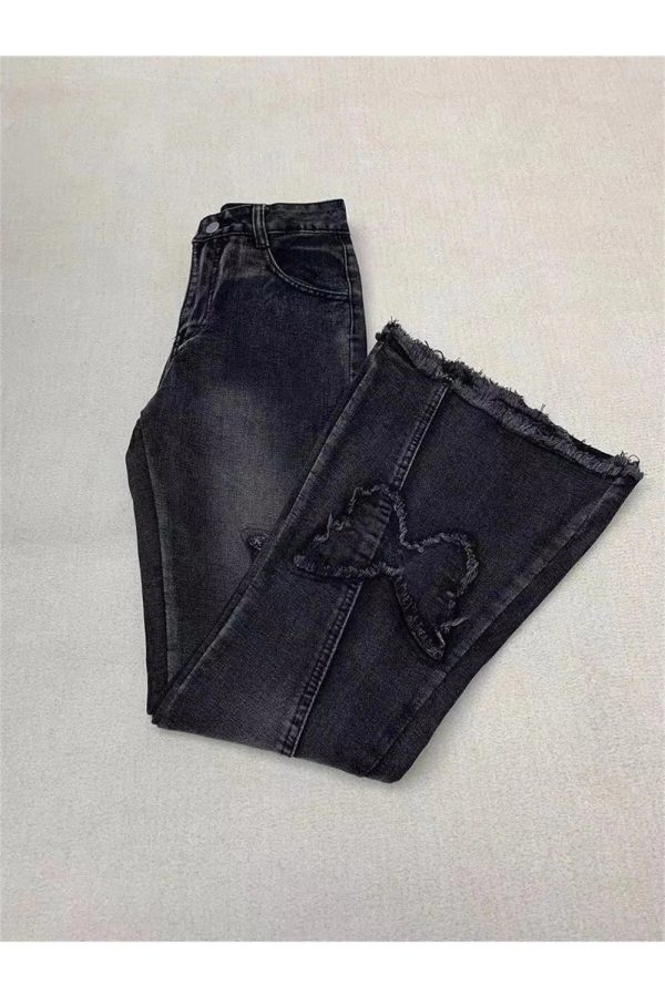 Y2K Dark Butterfly Flare Jeans - Retro Grunge Style for Summer Outfits