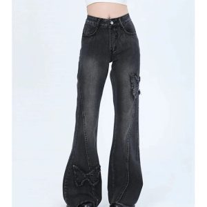 Y2K Dark Butterfly Flare Jeans - Retro Grunge Style for Summer Outfits