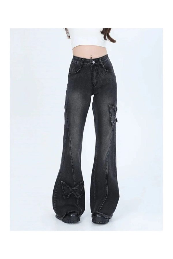 Y2K Dark Butterfly Flare Jeans - Retro Grunge Style for Summer Outfits