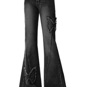 Y2K Dark Butterfly Flare Jeans - Retro Grunge Style for Summer Outfits